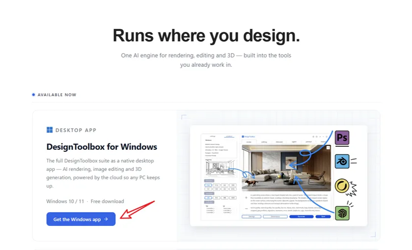 DesignToolbox 公式サイトのプラグインページ、Windows App ダウンロード入口
