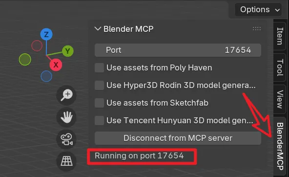 Blender の右側パネルに Running on port 17654 が表示