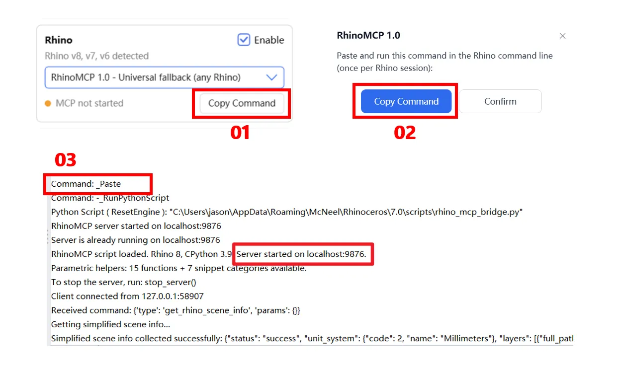 デスクトップアプリで RhinoMCP 1.0 を選び Copy Command をクリック