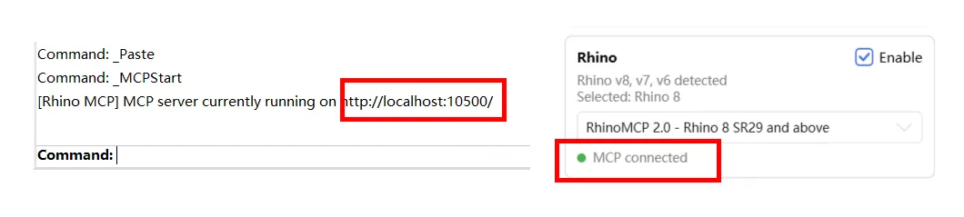 Rhino でコマンドを貼り付けて接続、ポート 10500 の後にデスクトップで MCP connected